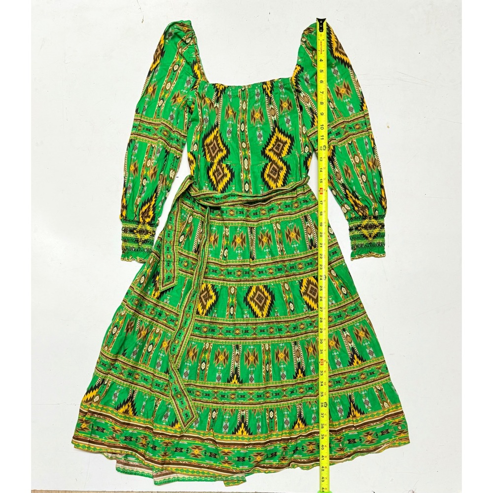 Alice + Olivia XS/TP Green Print Long Sleeve Midi Dress Bohemian Festival